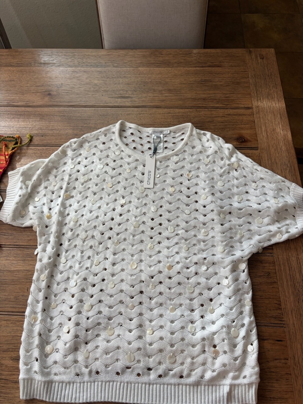 Chico's White Short-Sleeve Eyelet Knit Top with Iridescent Sequins